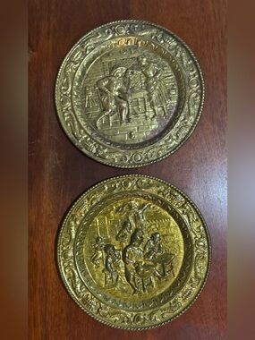 Vintage Peerage Brass Embossed Wall Plate Tavern Scenes (2pc)